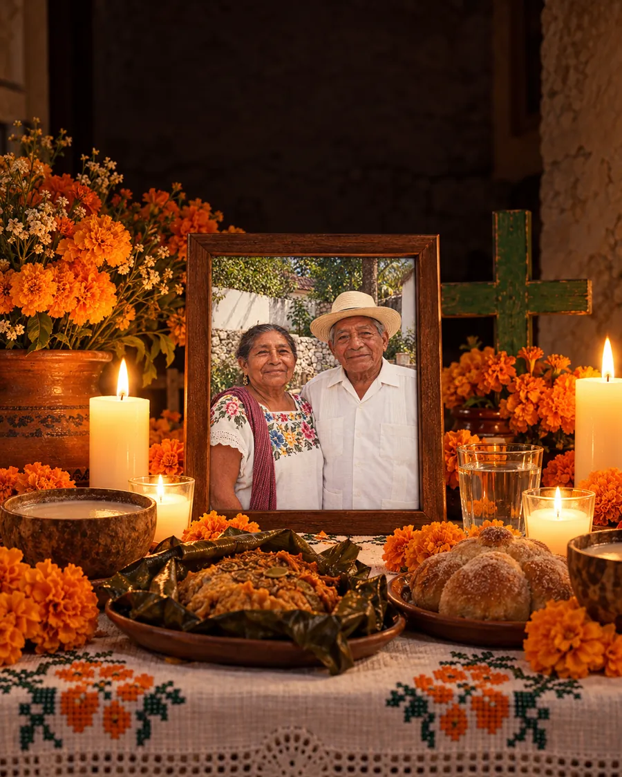 Hanal Pixán altar with the framed photo of a couple, candles, marigold flowers and bread