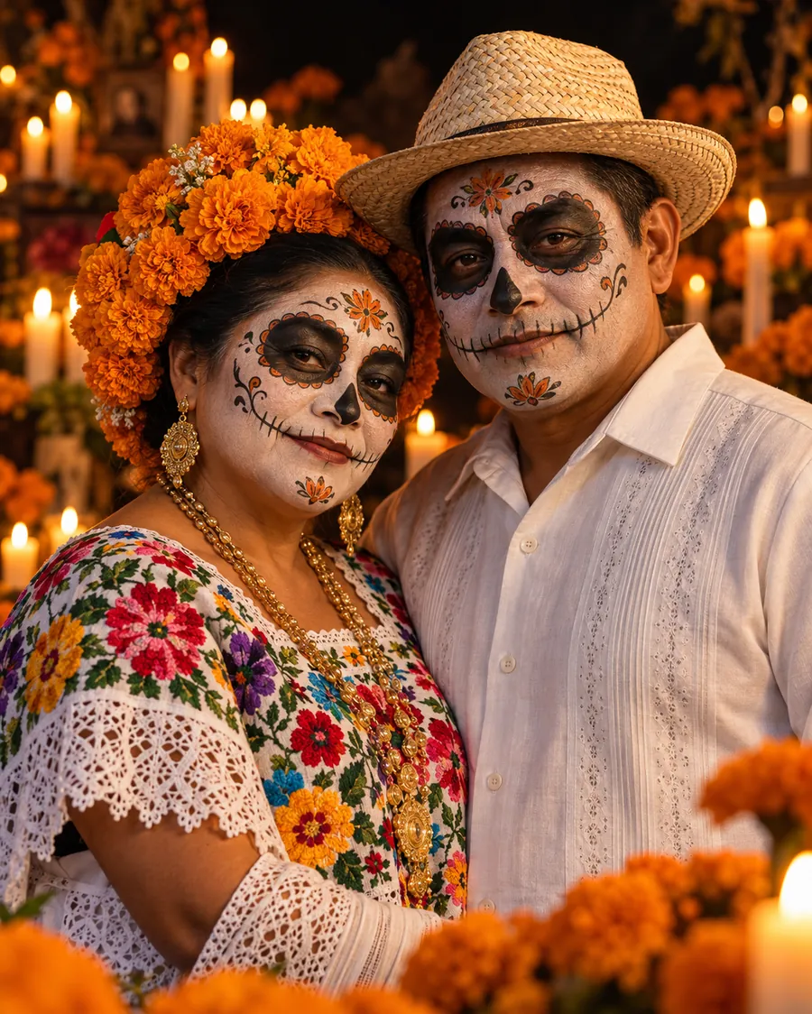 Couple dressed as catrina and catrín, with marigold flowers, a straw hat and candles