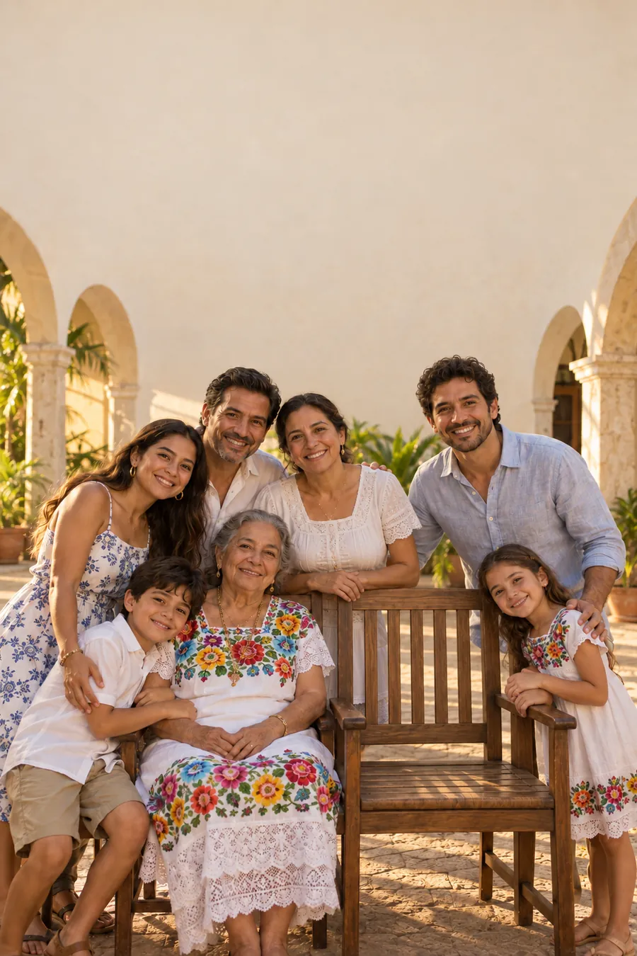 Una familia sonriente sentada y de pie, con una silla vacía en el lugar del abuelo