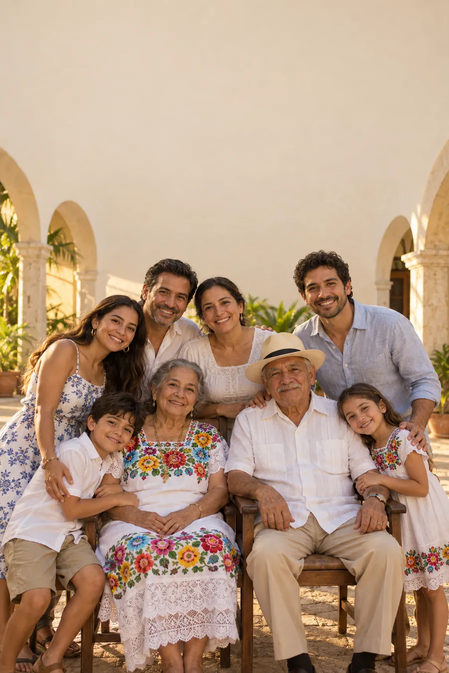 La misma foto de familia con el abuelo sentado junto a la abuela, completa