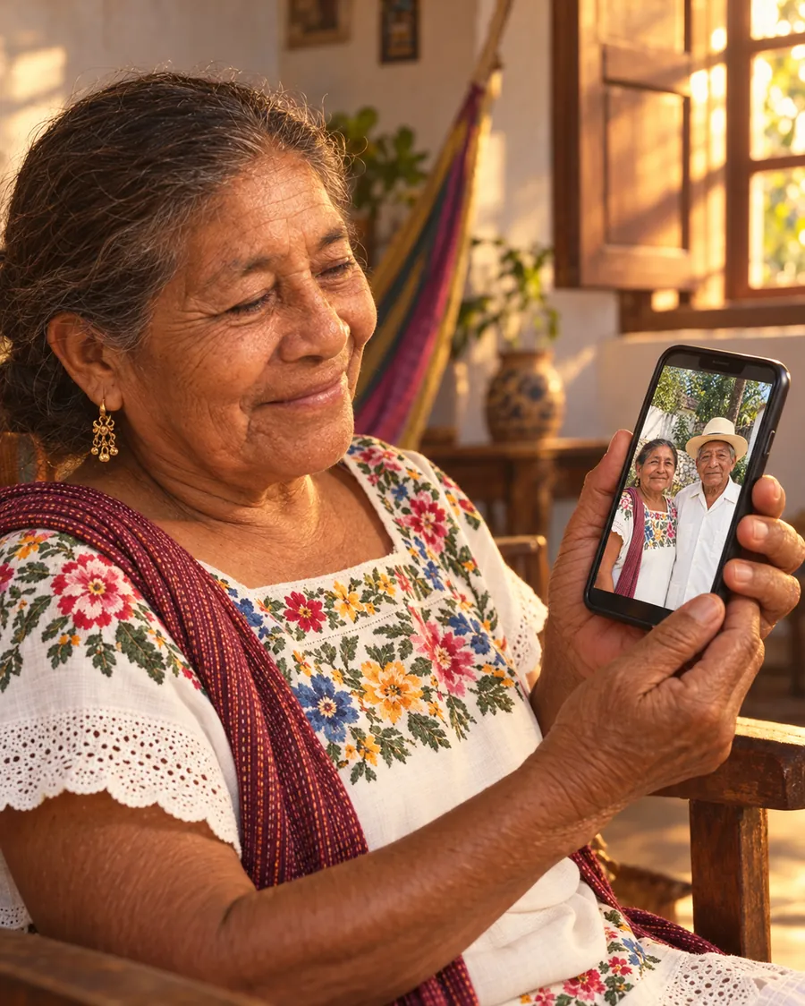 Mujer mayor sonriendo mientras mira en su celular la foto animada de una pareja