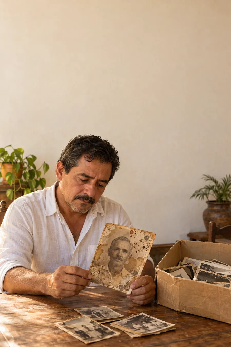 Hombre mirando una foto antigua con manchas de humedad