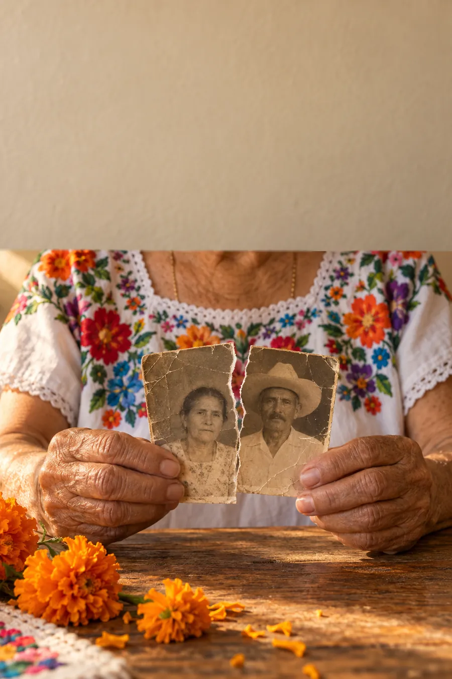 Persona con una foto antigua rota en dos partes entre las manos