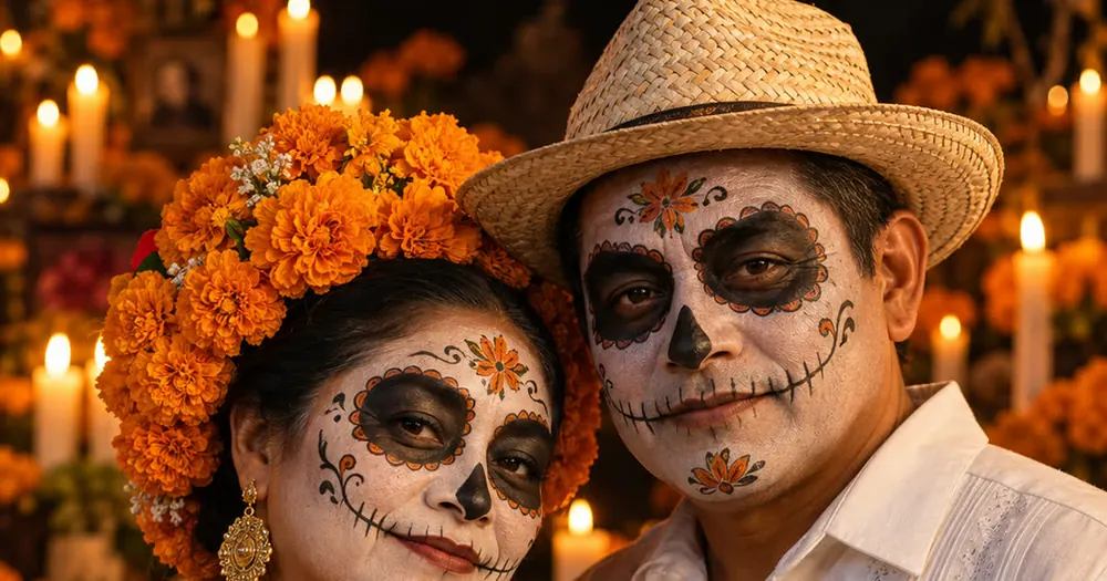 A couple dressed up as catrina and catrín in front of an altar with candles and marigold flowers.