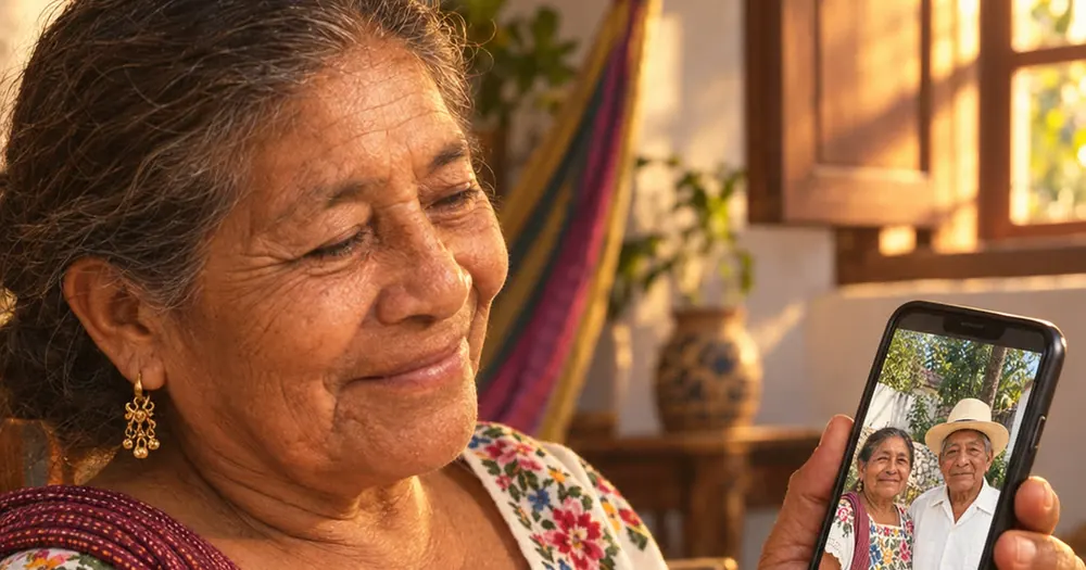 Una mujer mayor sonríe mientras mira en su celular la foto animada de su familia.