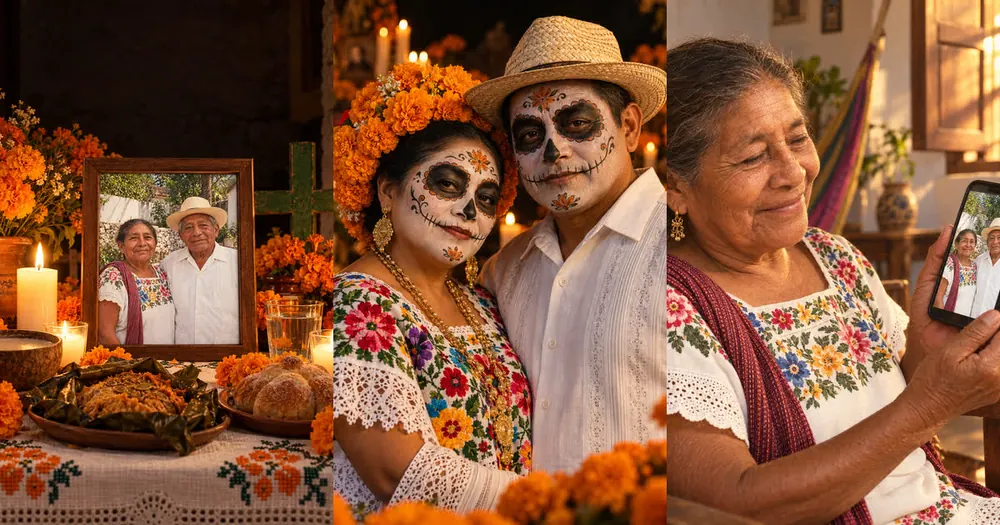Un altar de Hanal Pixán con una foto restaurada, una pareja de catrina y catrín y una mujer que ve su foto animada.