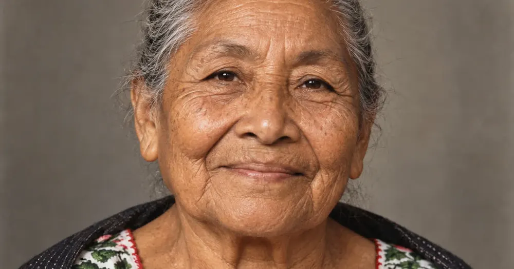 Portrait of an older woman smiling, like the one on an invitation to a memorial Mass.