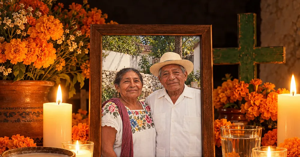 Hanal Pixán altar with the framed photo of a couple, candles and marigold flowers.