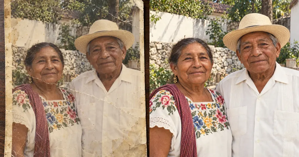 Foto antigua con rayas y manchas junto a la misma foto restaurada.
