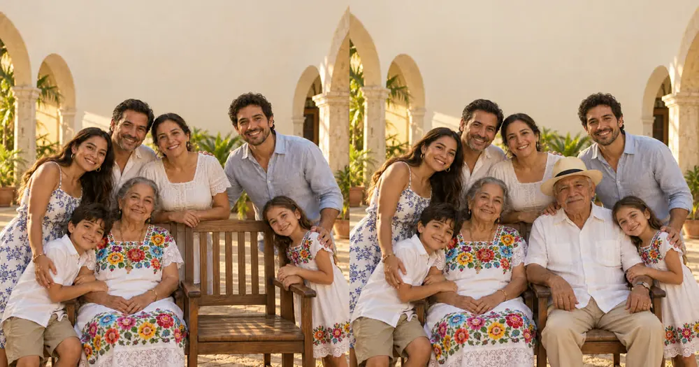 A family gathered without the grandfather and the same photo with him sitting in the empty chair.