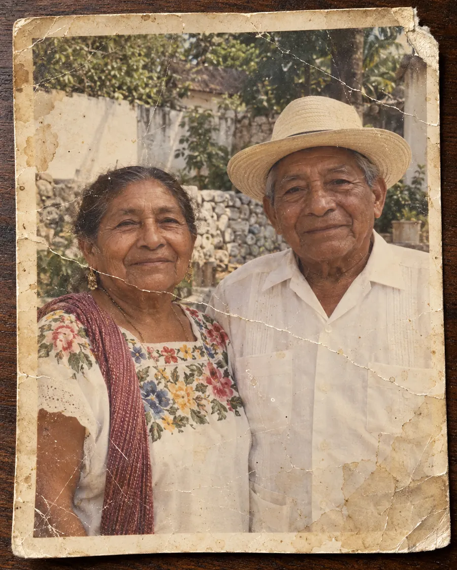 Foto antigua de una pareja de adultos mayores, con rayas, manchas y el color desteñido
