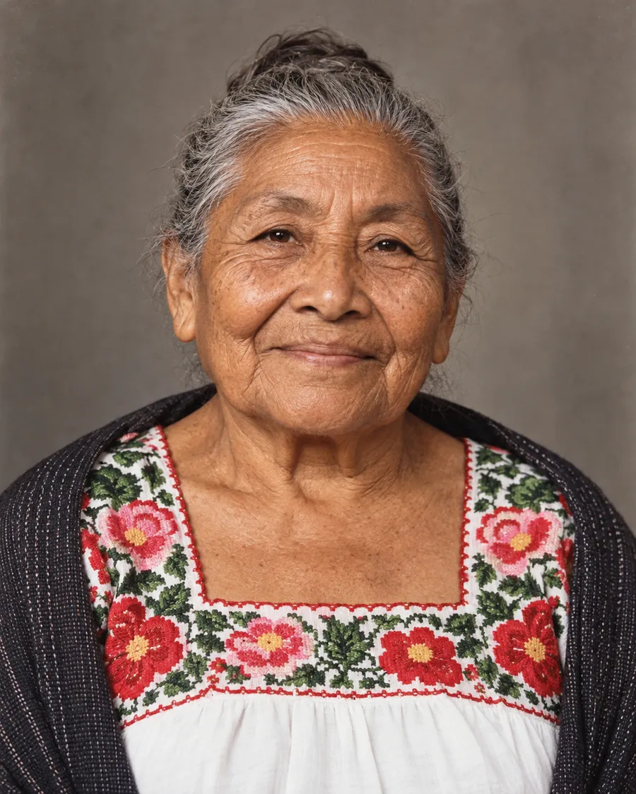 Retrato de una mujer mayor que sonríe con calma, de frente a la cámara